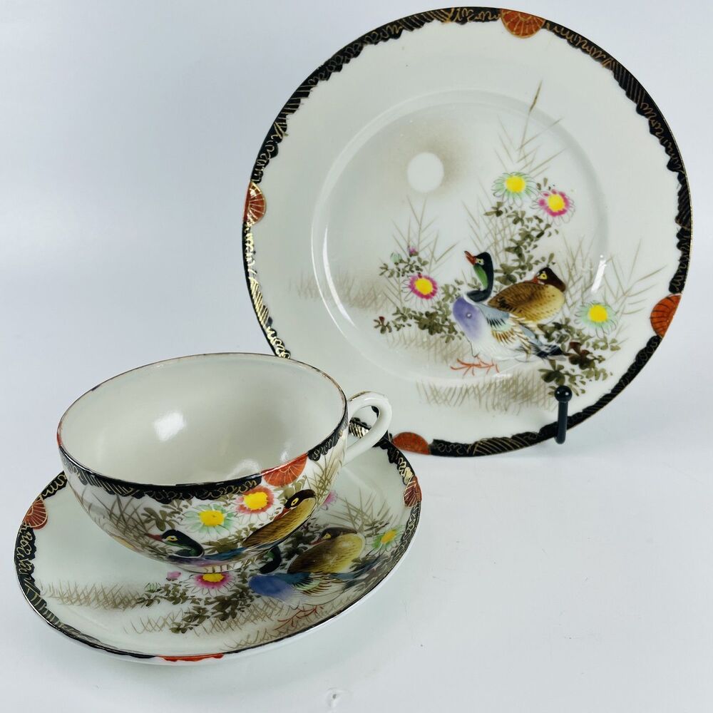 Kutani Japanese Hand Painted Tea Cup Saucer Trio Set Ducks Birds Vtg Porcelain